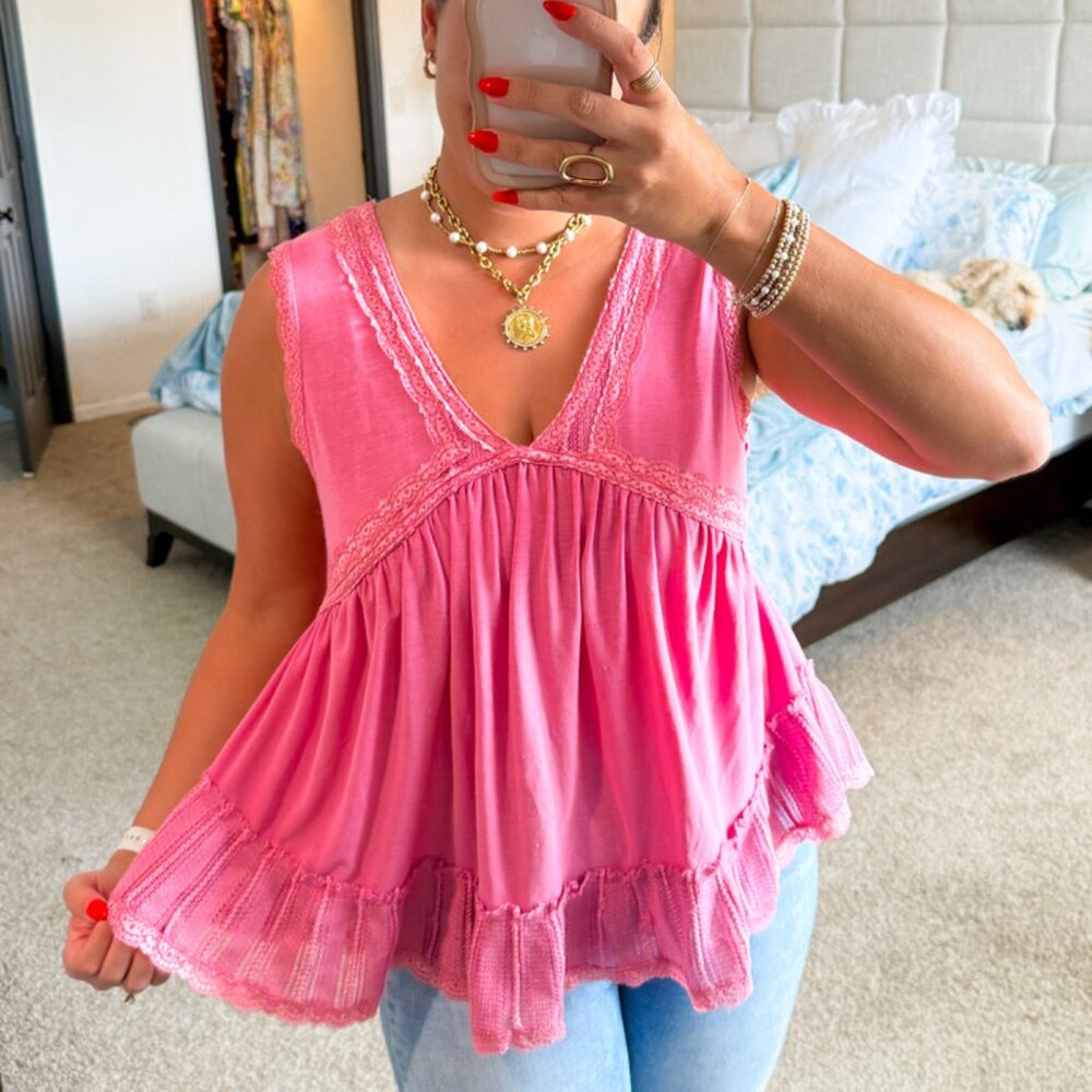 POL Pink Boho Lace Trim Babydoll Tank Top Women’s M